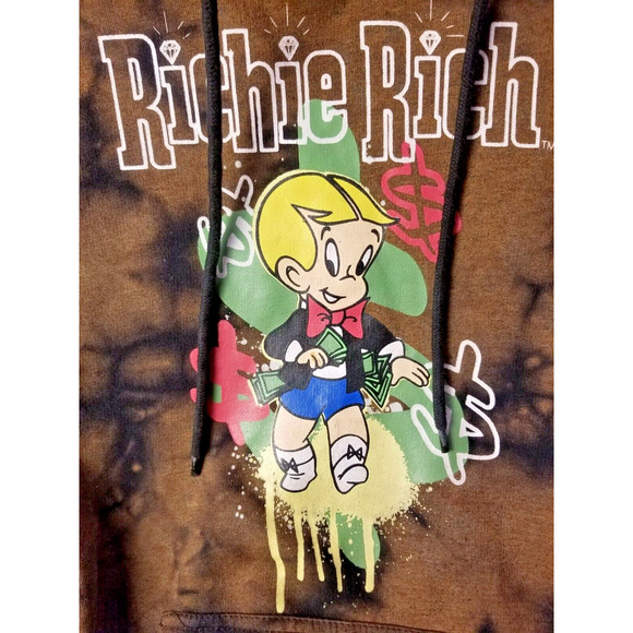 Richie Rich Hoodie Men Med Brown Black Graphic Pullover Tie Dye Drawstring Skate - Picture 2 of 9